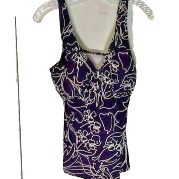 Aqua Green Swim Tankini Top Purple Cream Tropical Print Beach Resortwear M - Picture 1 of 6